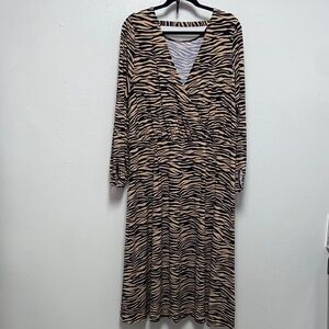 LOFT Plus Size Black Tan Animal Zebra Print Long Sleeve Faux Wrap Dress 3649
